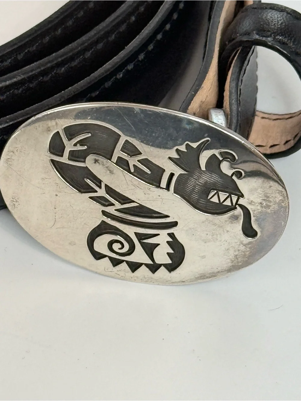 Hopi artist stamp silver overlay belt  sterling buckle Water Serpent (Palölökon)